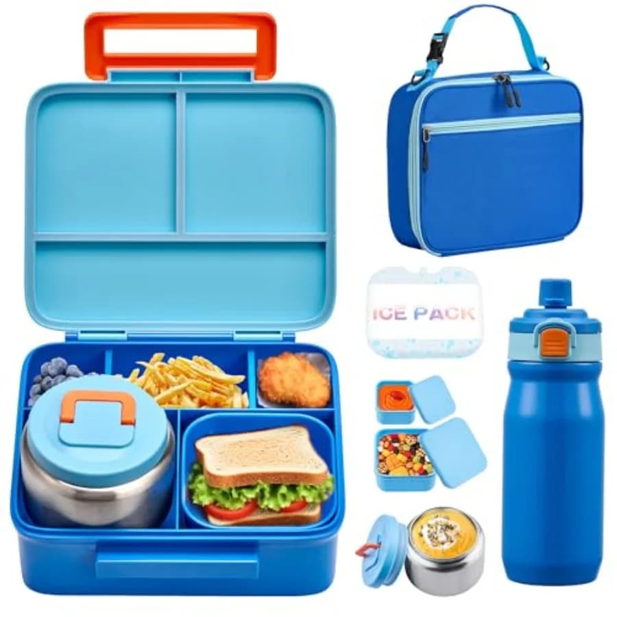 Contenitore per Pranzo con Thermos per Zuppa da 8oz, Contenitori Ermetici per Alimenti con Borsa Termica a 5 Scomparti e Thermos in Acciaio Inox da 17oz