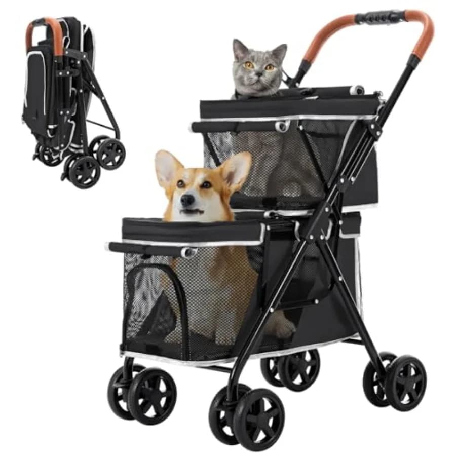 Passeggino Doppio per Cani e Gatti, Pieghevole con Una Mano, Carrozzina da Viaggio per Cani e Gatti di Piccola e Media Taglia, 4 Ruote