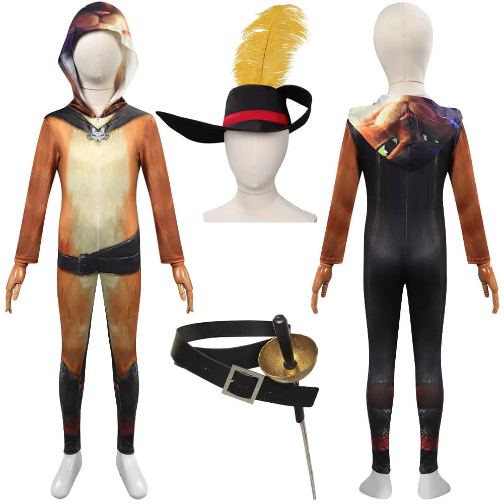 Children Cartoon Puss Boots Roleplay Fantasia Jumpsuit Costume Hat Swordsman Cosplay Fantasy Hat Jumpsuit Kid Halloween Bodysuit