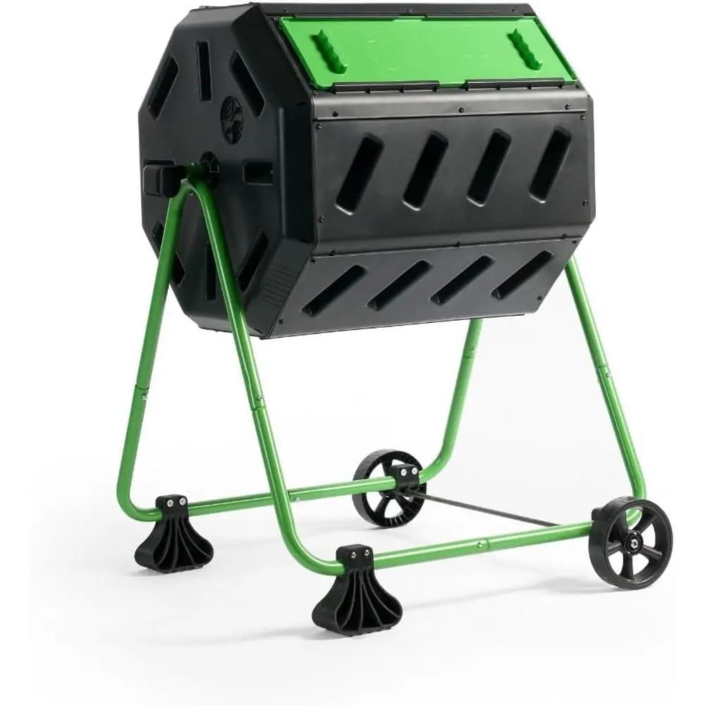 Dual Chamber Tumbling Composter with Wheels - Outdoor Rotating Garden Bin (37-Gallon) Black & Green