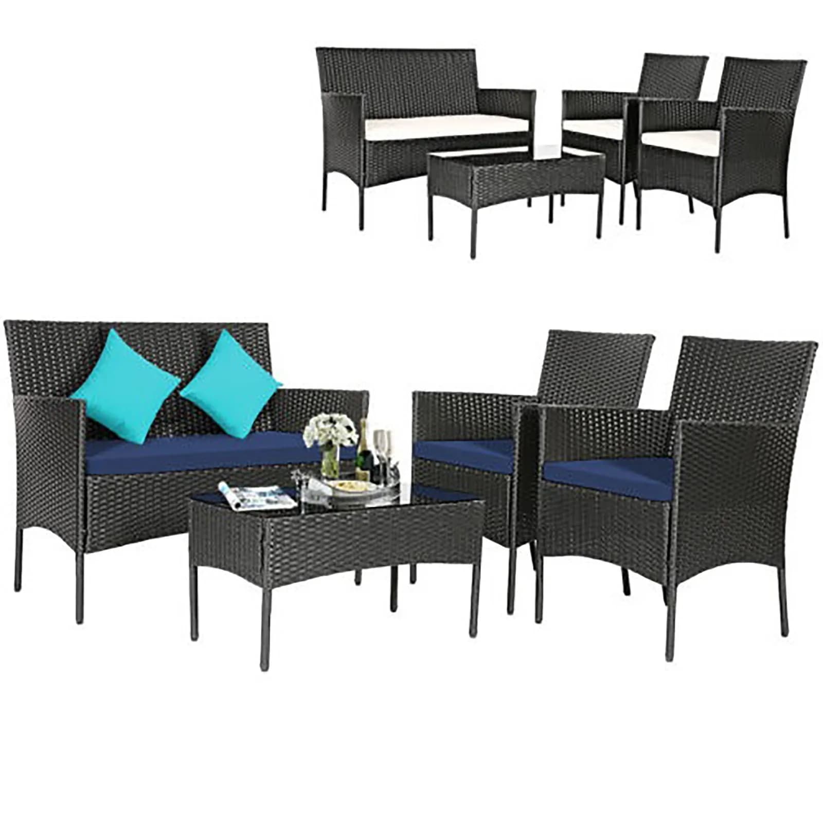Set di mobili da giardino in rattan da 4 pezzi con cuscini blu navy e bianco sporco