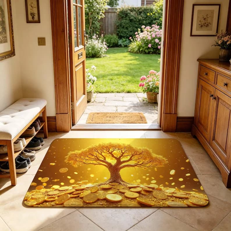 Golden Money Tree Coin Print Entryway Rug Non Slip Front Door Mat Indoor Living Room Bedroom Decor Soft Floor Carpet