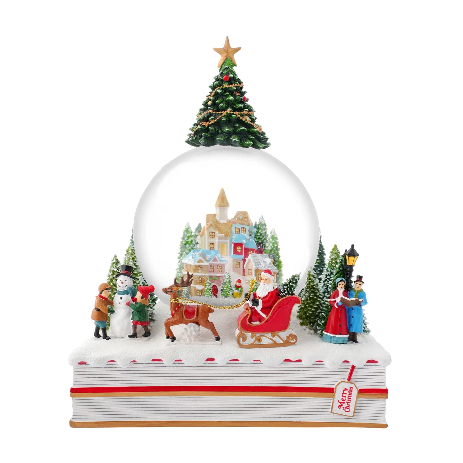 Regalo di Natale per l'inaugurazione del cuore: carillon con sfera di cristallo sul piedistallo della Bibbia, che mostra la chiesa e le affascinanti scene invernali per i propri cari