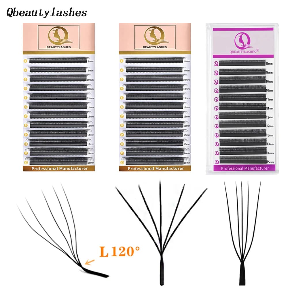Qbeautylashes Ciglia a ventaglio pre-assemblate 5D YY a forma di W, curvatura U LU/C/D, morbide e naturali, 12 file, ciglia singole YY