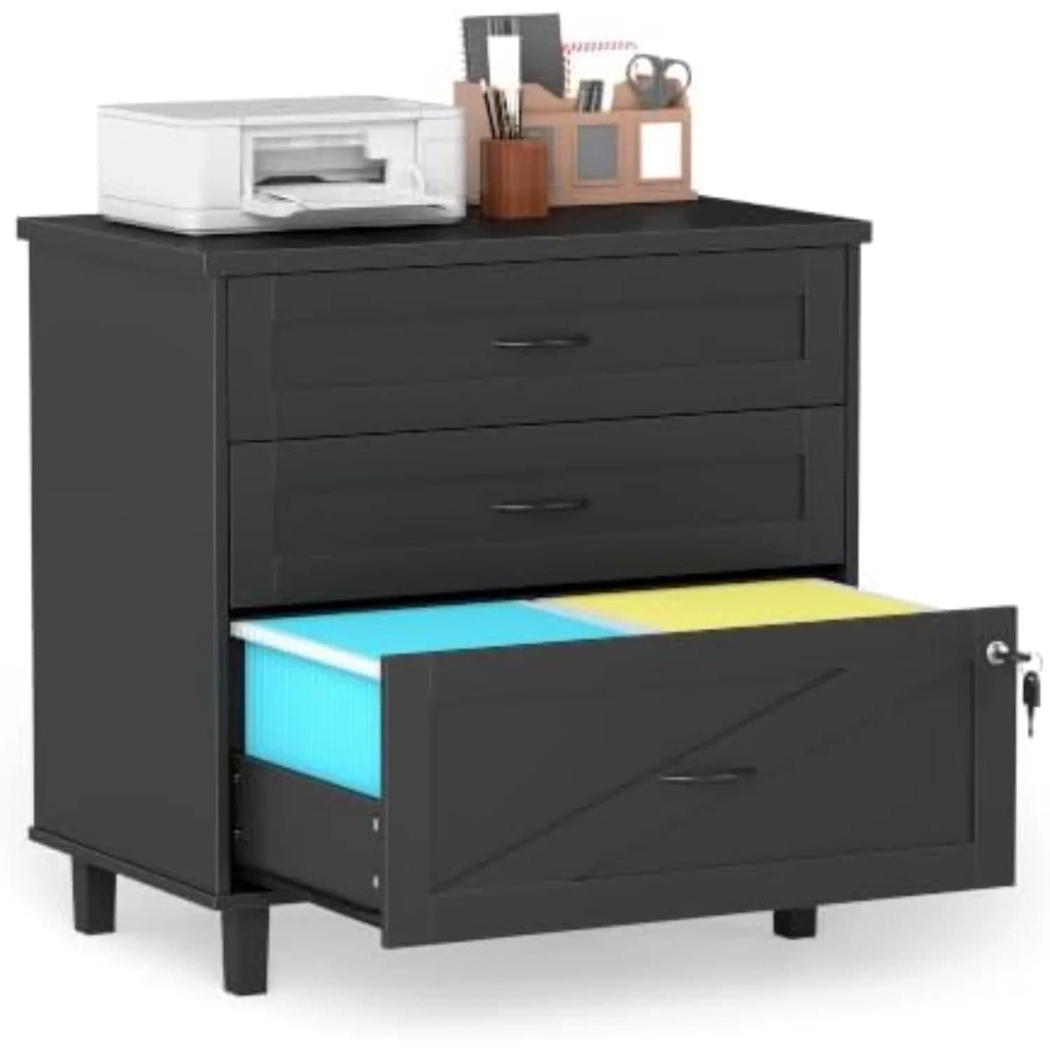 3-Drawer Wooden File Cabinet with Lock, Large Lateral Filing Cabinet with Hanging File Folders, Farmhouse Style Office