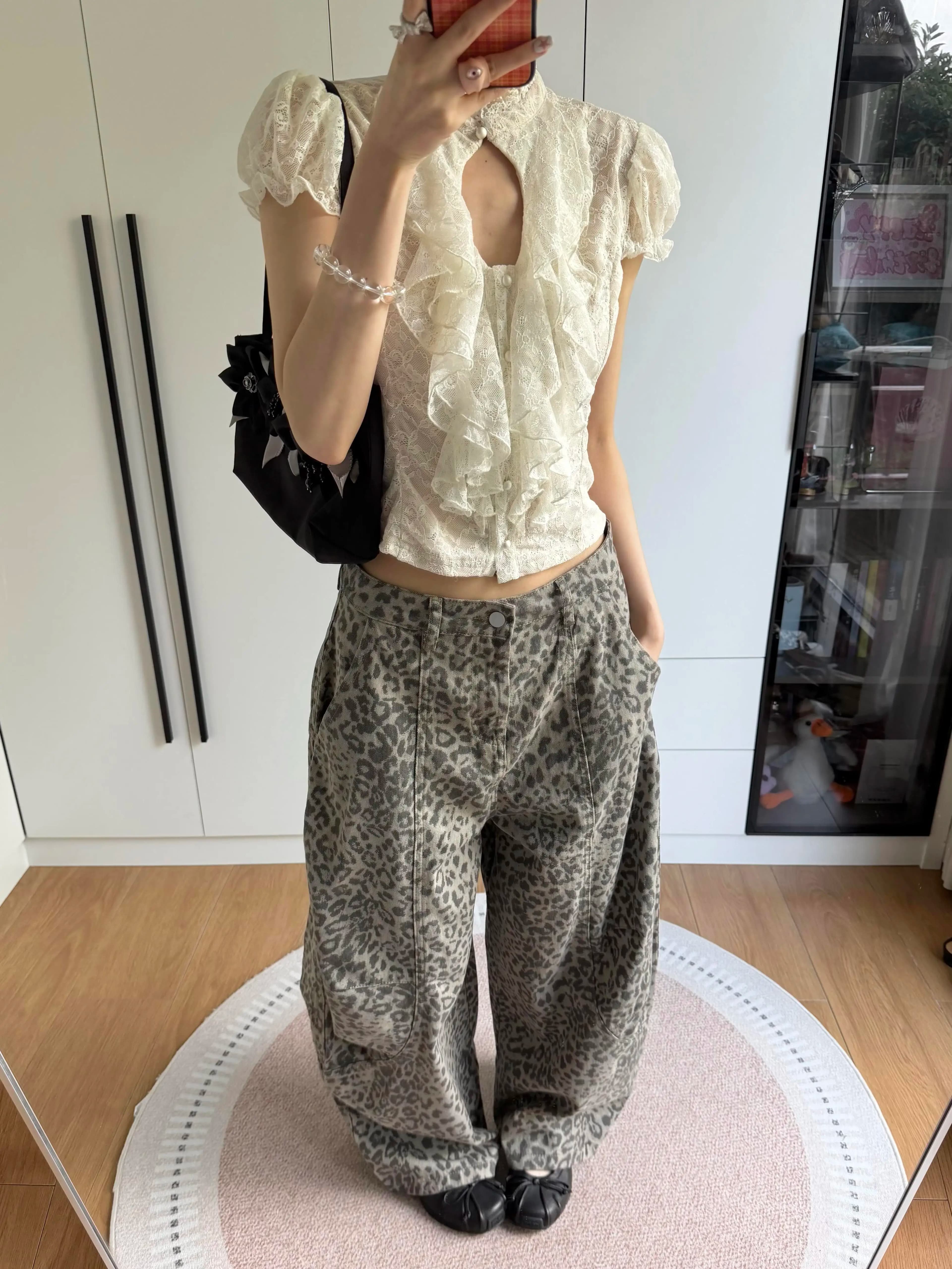 American High Street Lazy Girl Leopard Print Knife Jeans Women Summer New Loose Slimming Casual Wide Leg Pants
