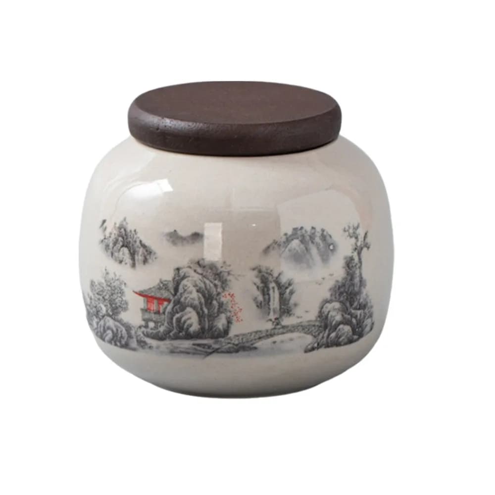 Ceramic Traditional Chinese Tea Canister Wood Lid Moisture Proof Tea Leaf Can Colored Glaze Mini Tea Storage Jar Living Room