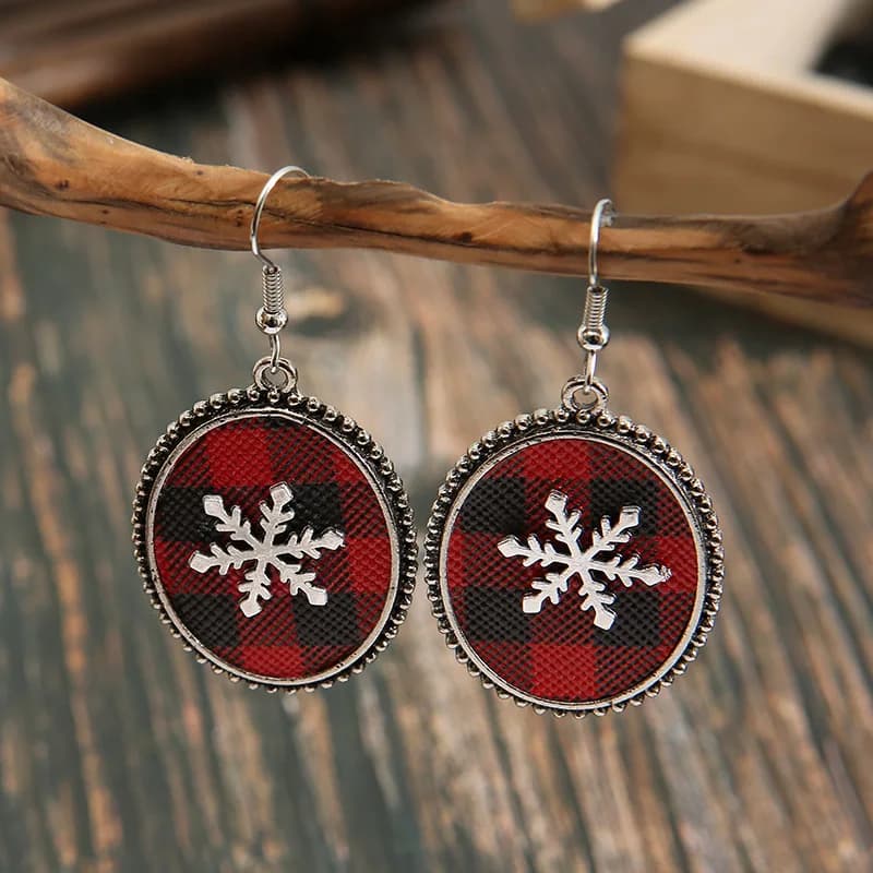 Nuovo stile natalizio geometrico ovale rosso nero plaid in pelle fascino orecchini mamma semplici orecchini pendenti da donna con fiocco di neve 3D all'ingrosso