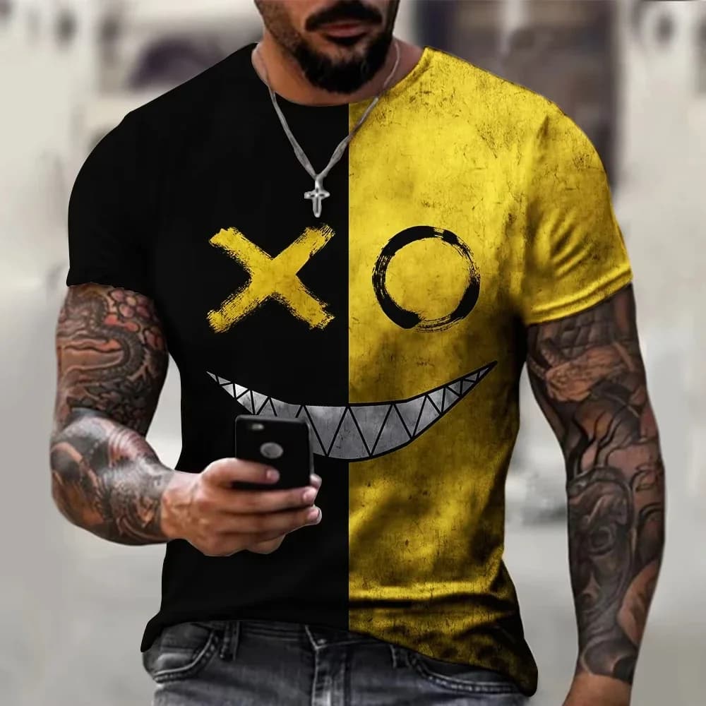 Nuova T-shirt Oversize da Uomo 2026 Casual a Maniche Corte con Stampa Faccina Sorridente Hip Hop, Maglietta Plus Size da Uomo, Top Pullover