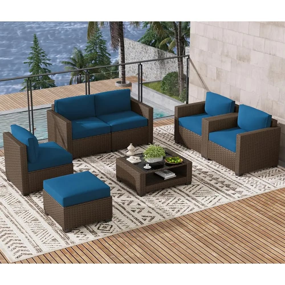 7-Piece Outdoor Patio Furniture Set: Rattan Chairs, Glass Table, Wicker Sectional Sofa with Cushions (Brown-Peacock Blue)