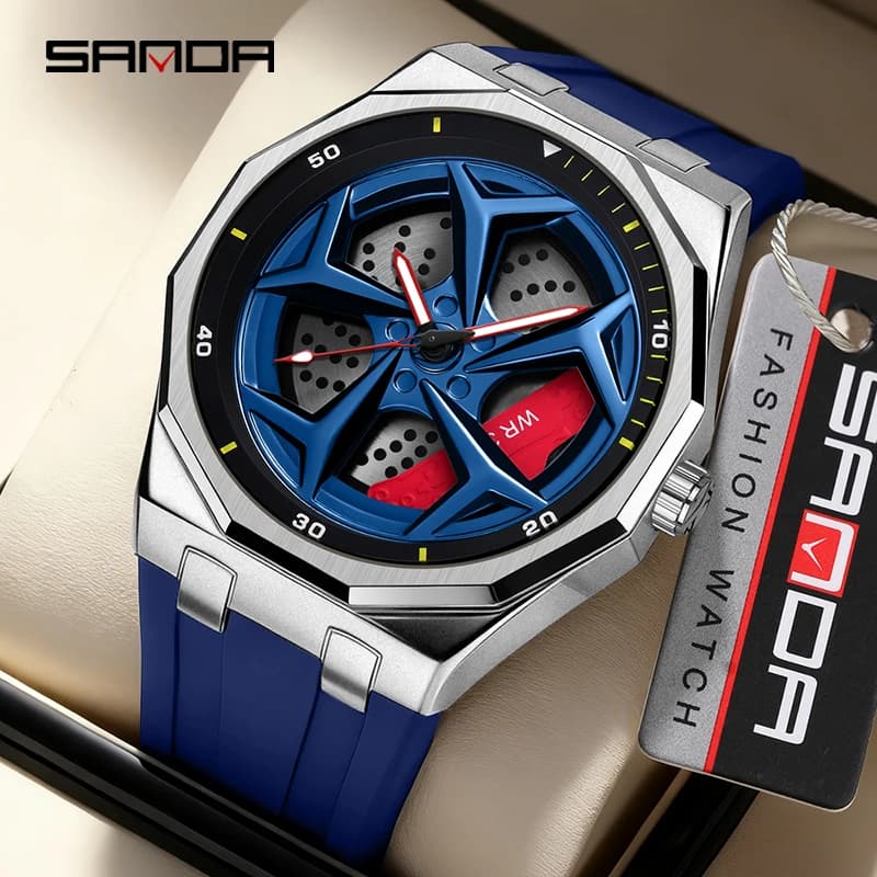 SANDA1166 Orologio da Uomo al Quarzo con Quadrante Dinamico 3D a Rotazione di Ruota di Supercar, Impermeabile con Luce Notturna