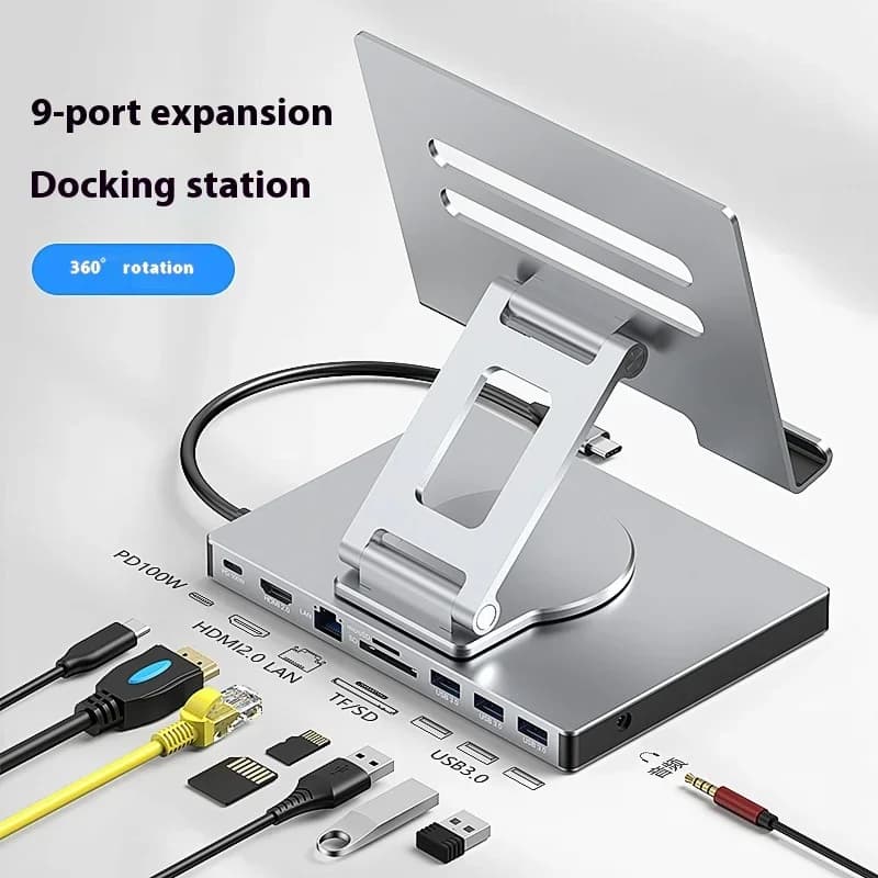 Docking station di tipo C 4k60hz Porta di rete Gigabit Usb3.2 Splitter Docking station con staffa rotante per tablet per telefono cellulare