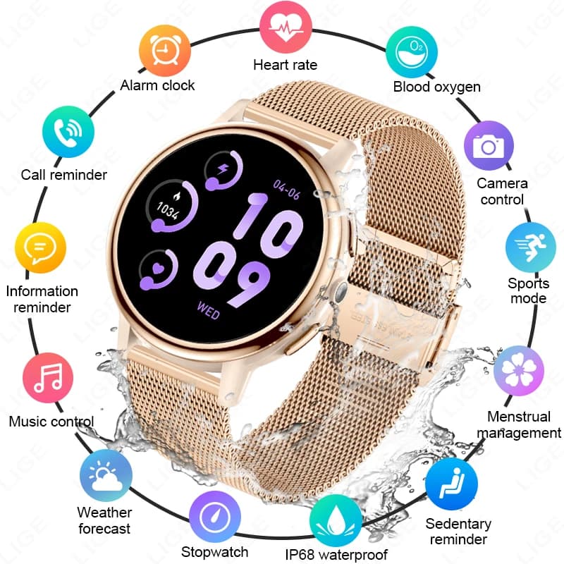 LIGE Smartwatch da Donna alla Moda 1.26" HD Frequenza Cardiaca Salute Femminile Chiamata Vocale Bluetooth Impermeabile Torcia Nuovo Smartwatch 2025