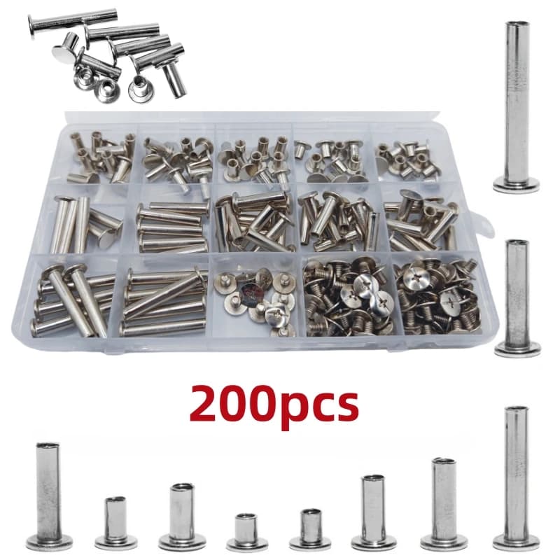 200 pcs Silver Binding Screw Post, Album Scrapbook Extended Screw Assortment Kit, 10 Sizes Wallet Belt Saddle Leather Repair