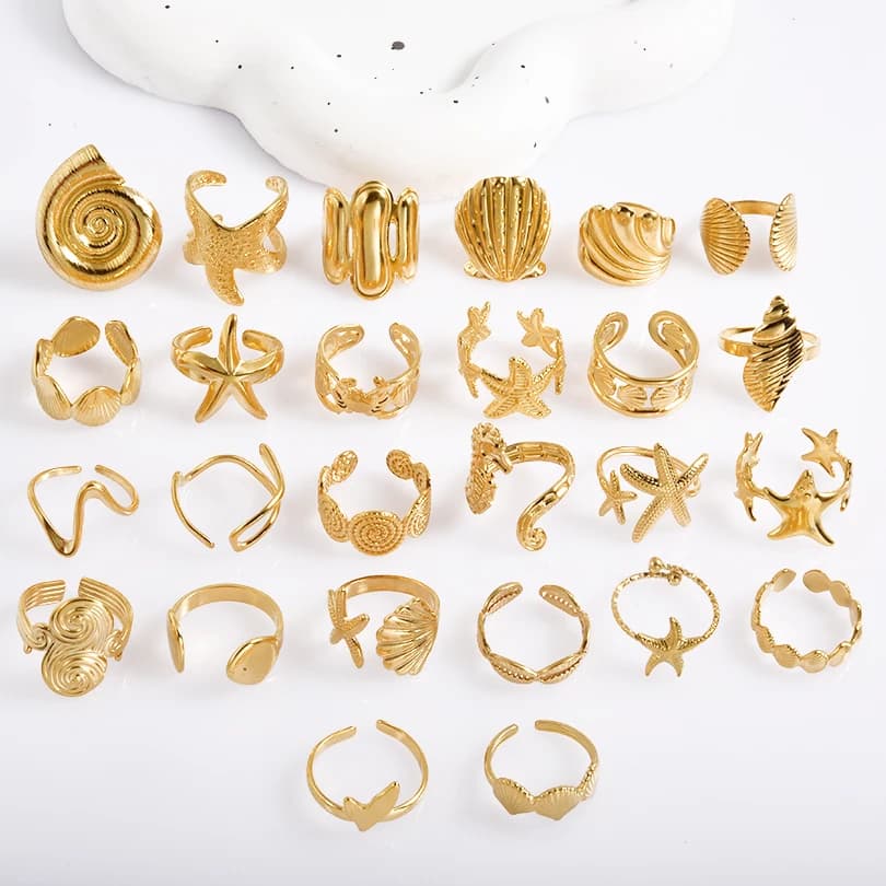 Anello con Animale Marino Placcato in Oro Vero, Regolabile, in Acciaio Inossidabile, per Uomo e Donna, Accessori PVD, Gioielli da Spiaggia