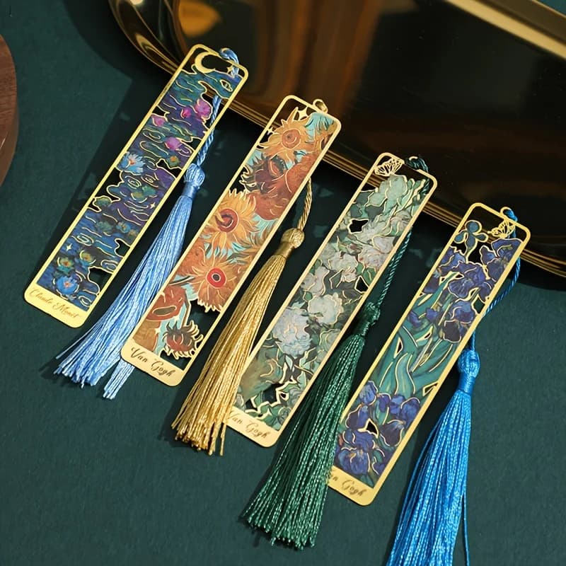 Metal bookmarks with vintage oil painting - Elegant bookmarks with long tassel with hot hollow print - Book club stationery gifts, books