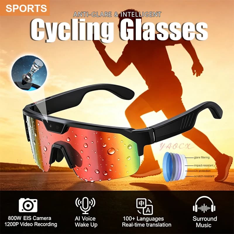 Occhiali da Ciclismo AI con Fotocamera EIS 800W, Registrazione Video 1200P, Traduzione, Attivazione Vocale AI, Musica Surround, Occhiali Intelligenti per Sport e Ciclismo