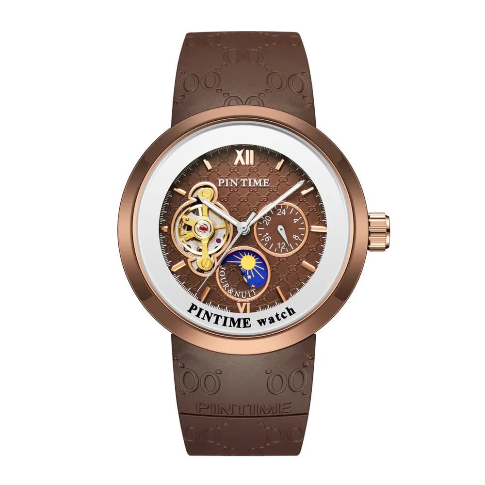 Men's automatic high-end mechanical watch PINTIME Casuals Brand Men's watch with waterproof bright rubber strap with lunar phases