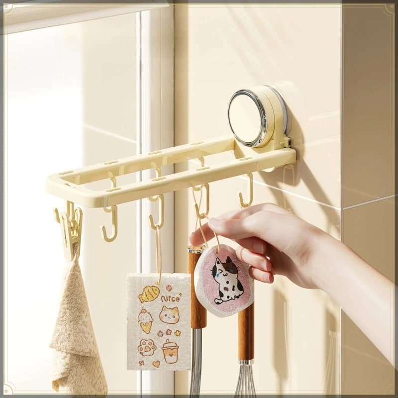Suction Cup Foldable Kitchen Dishcloth Holder with Hooks Wall Mount Punch Free PET Multifunctional Kitchen Storage Organizer