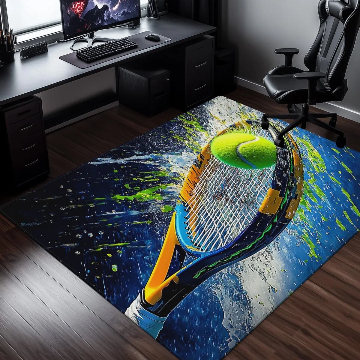 Tappeto in velluto di cristallo con design per racchetta da tennis e palla per sala giochi, arredamento per ufficio, tappeto sportivo a tema, decorazione domestica moderna 3D