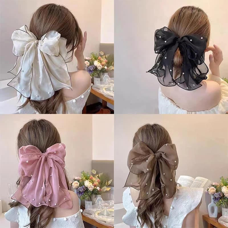 Fermagli per capelli con fiocco in nastro e perle alla moda, eleganti fermagli a coda di cavallo in chiffon con fiocco, barrette, accessori dolci per capelli da donna