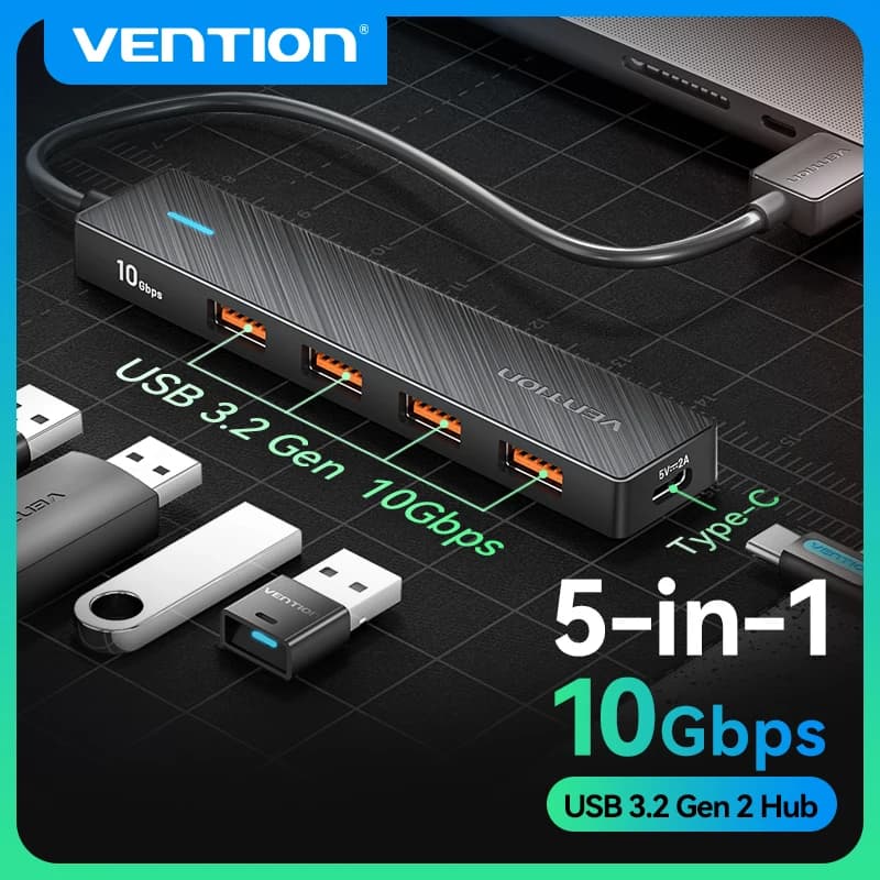 Vention Hub USB 3.2 10Gbps 4 porte ABS Hub USB per laptop Adattatore multi splitter per Xiaomi MacBook PC Accessori per computer
