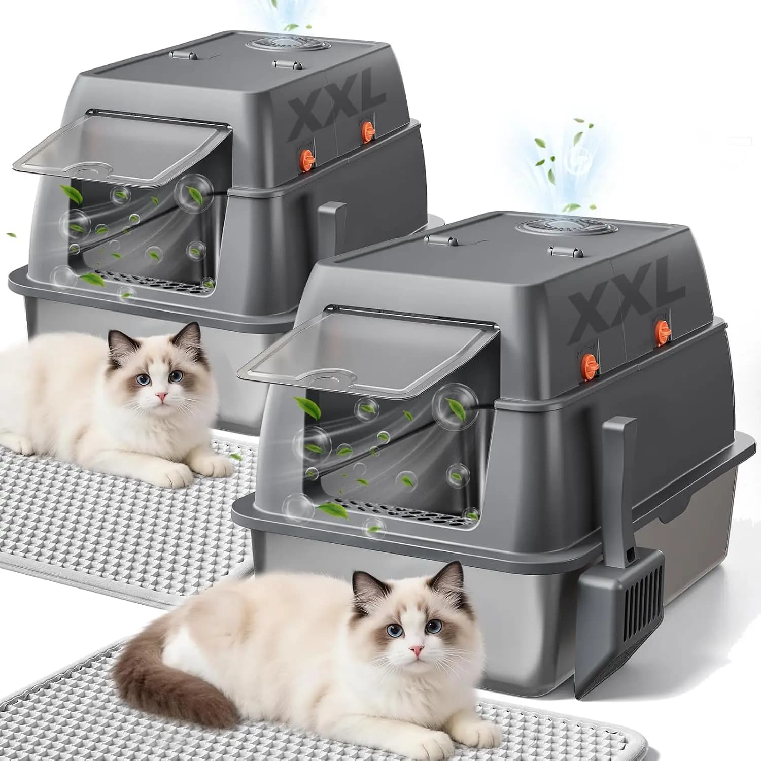 Extra Large Enclosed Cat Litter Box, XXL Stainless Steel Metal Litter Box with Lid, High-Sided, Activated Carbon Odor Control, Anti-Leak, Comes with Scoop & Mat, Gray, 2 Pack
