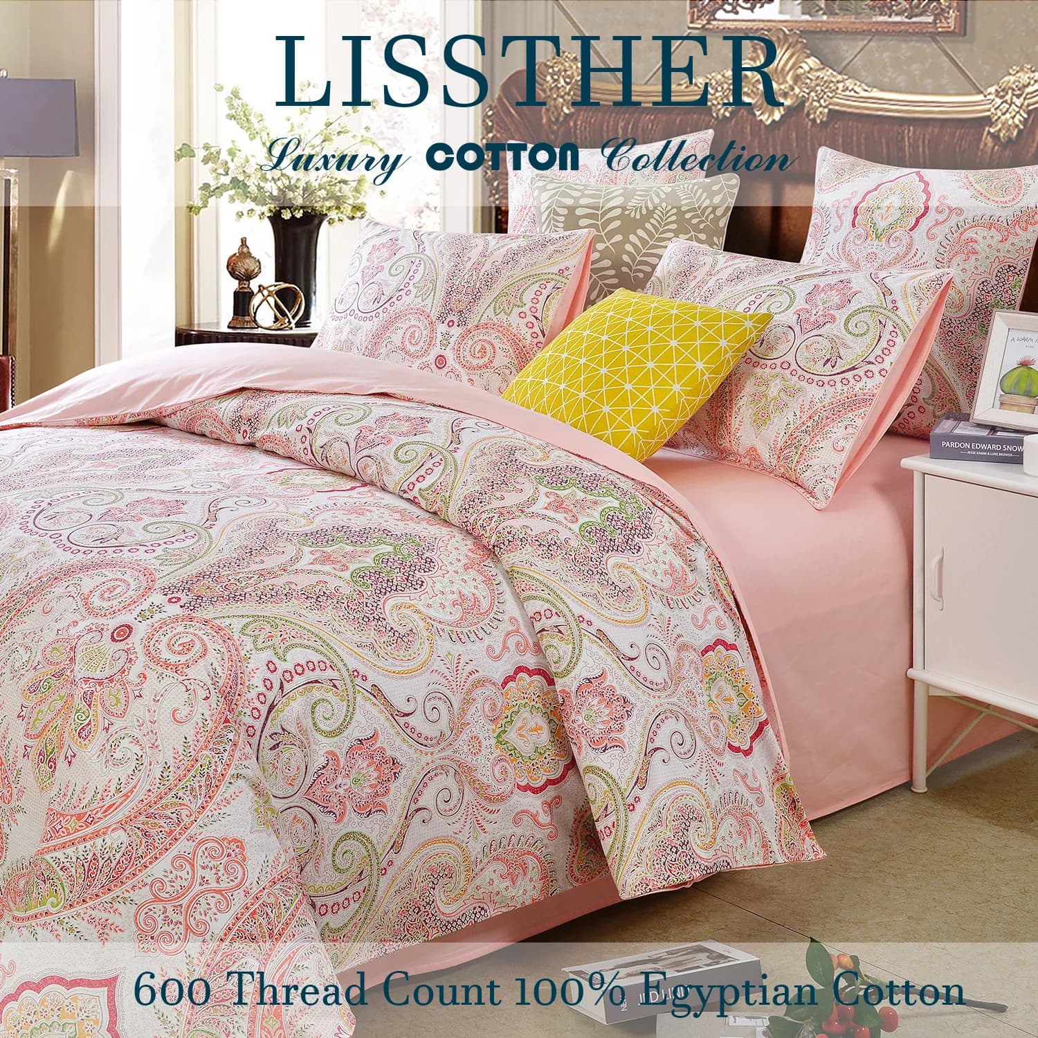 Set Egyptian cotton cushion 3 pieces 600TC 100%, Boho Pink Paisley print, soft and breathable for leather (without inserts)