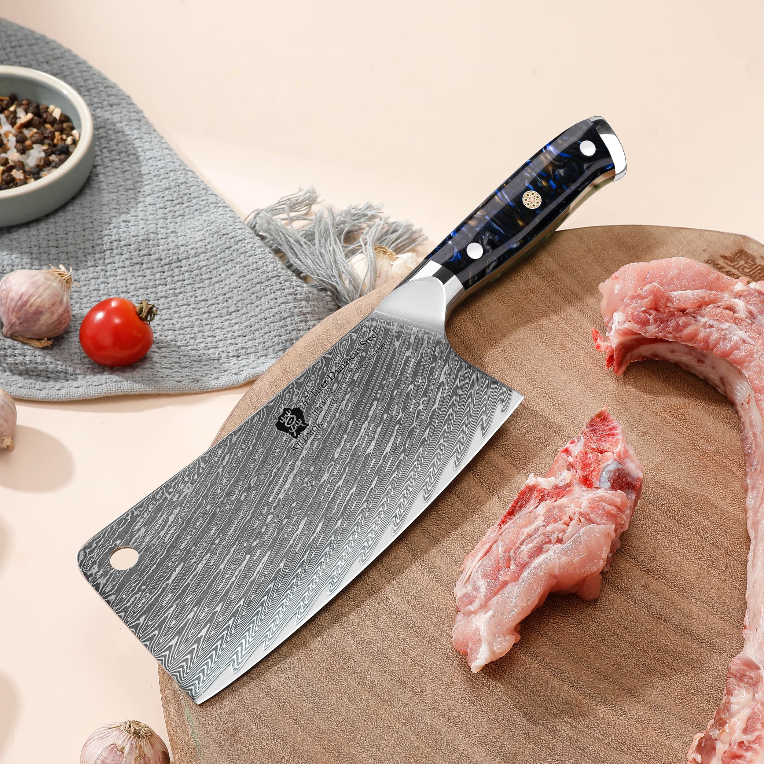 WILDMOK 67 Layer Damascus VG10 Steel - 6.5" Bone Chopping Butcher Knife, Heavy Duty Butcher Kitchen Knife with Resin Handle