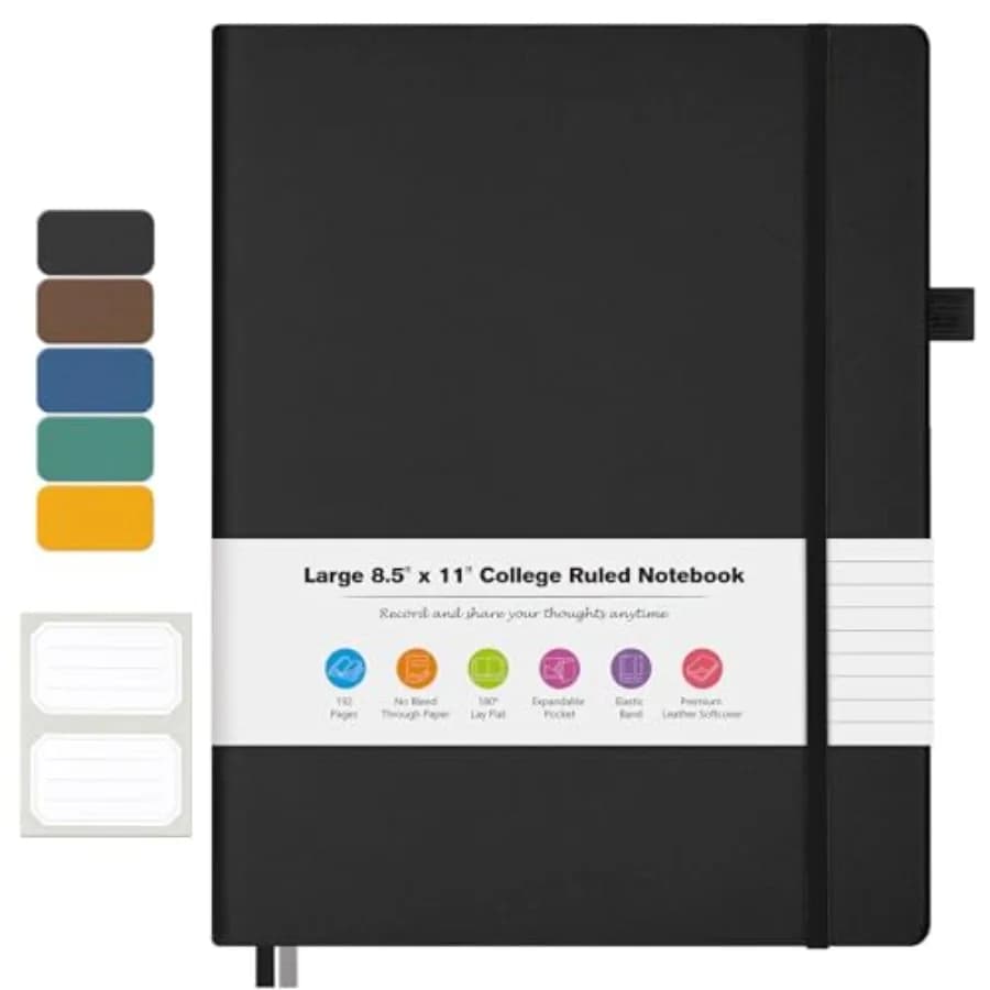 Ruled Notebook, A4 Softcover Leather Notebook for Work, Lined Notebook Journal for Women, Men, 192 Thick Paper, Lay Flat, Large