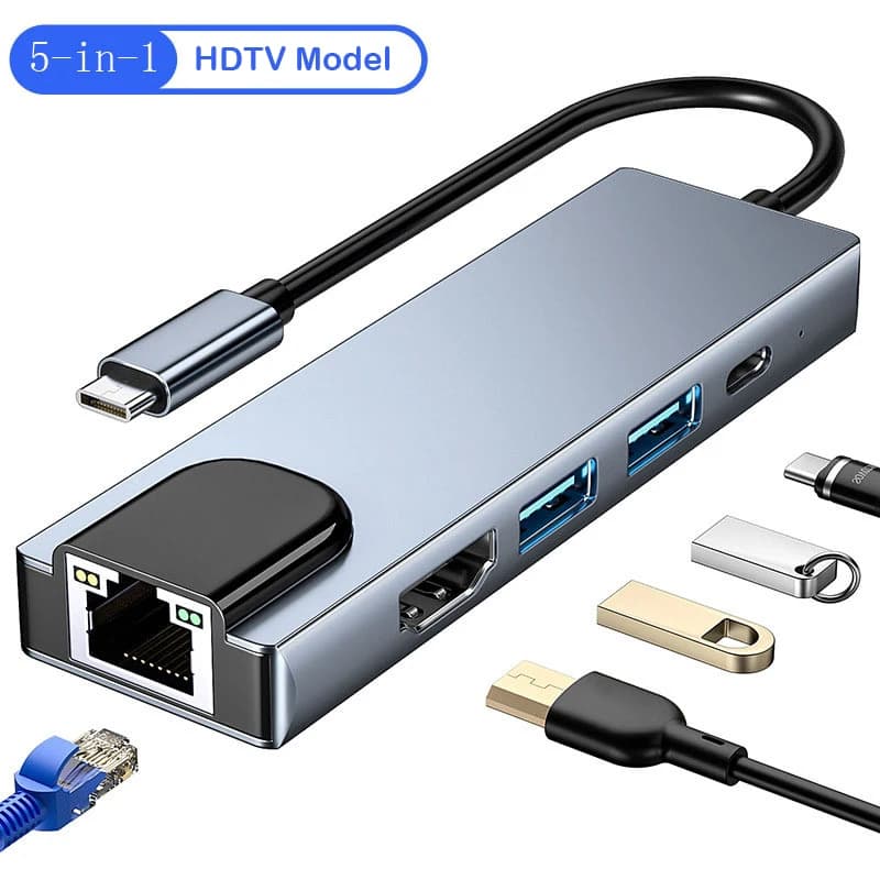 Adattatore hub USB 5 in 1 tipo C 3 da 1 a 4k HdTV con SD Tf 100M Rj45 lettore d per auto Pd ricarica rapida per computer notebook MacBook