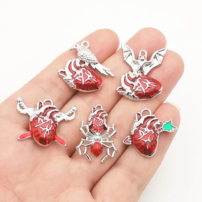 5Pcs/Lot Halloween Gothic Anatomical Heart Charms Enamel Bat Spider Raven Arrow Heart Pendants DIY Earrings Necklaces Making