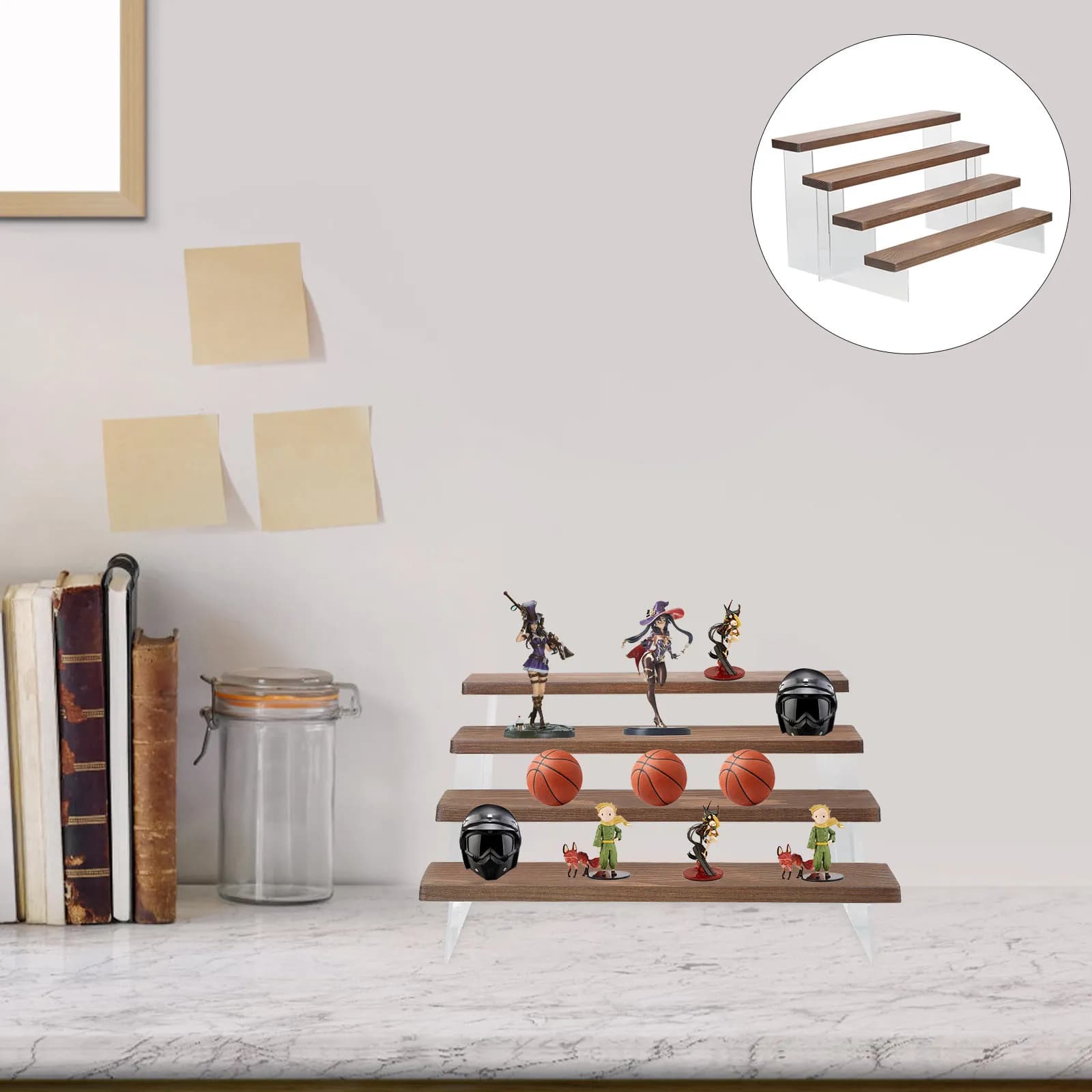 4-Tier Acrylic Wood Display Stand for Collectibles Crafts Jewelry Makeup Organizer Strong Sturdy Riser Shelf Home Decoration