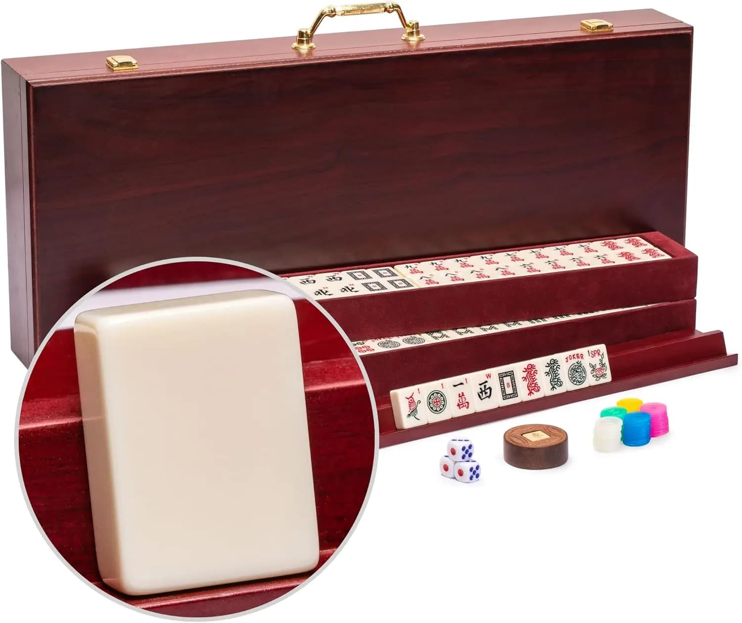 Set Mahjong Americano 166 Tessere con Valigetta Vintage in Legno di Palissandro e Accessori