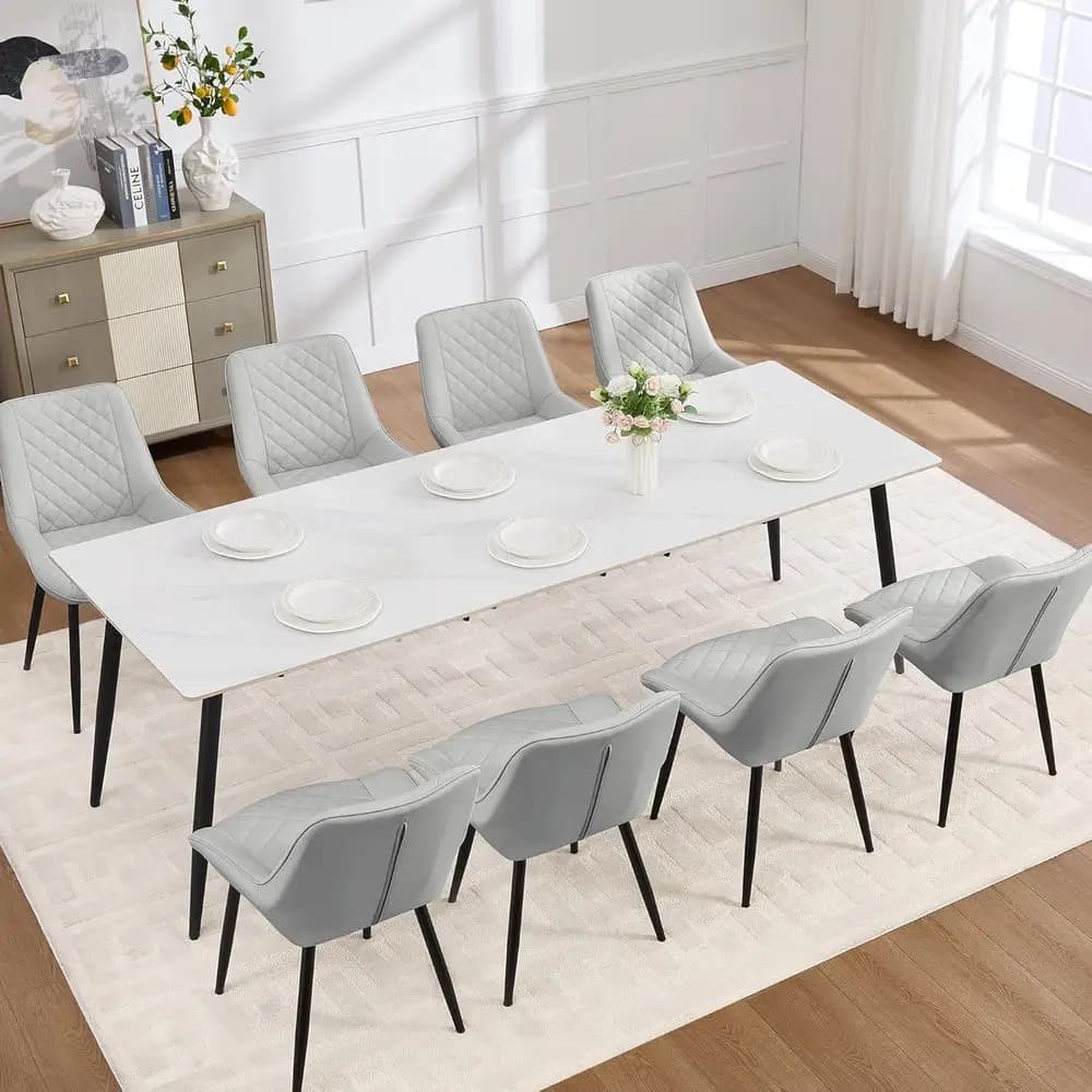 Set di 8 sedie da pranzo in similpelle con cuscini, gambe in metallo regolabili, grigio chiaro