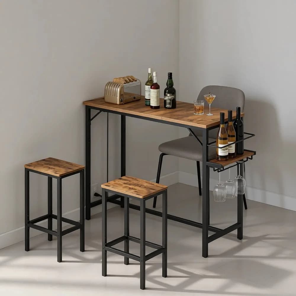 Tavolo da Bar Alto con Stazione di Ricarica, Portabottiglie e Portabicchieri per Cucina