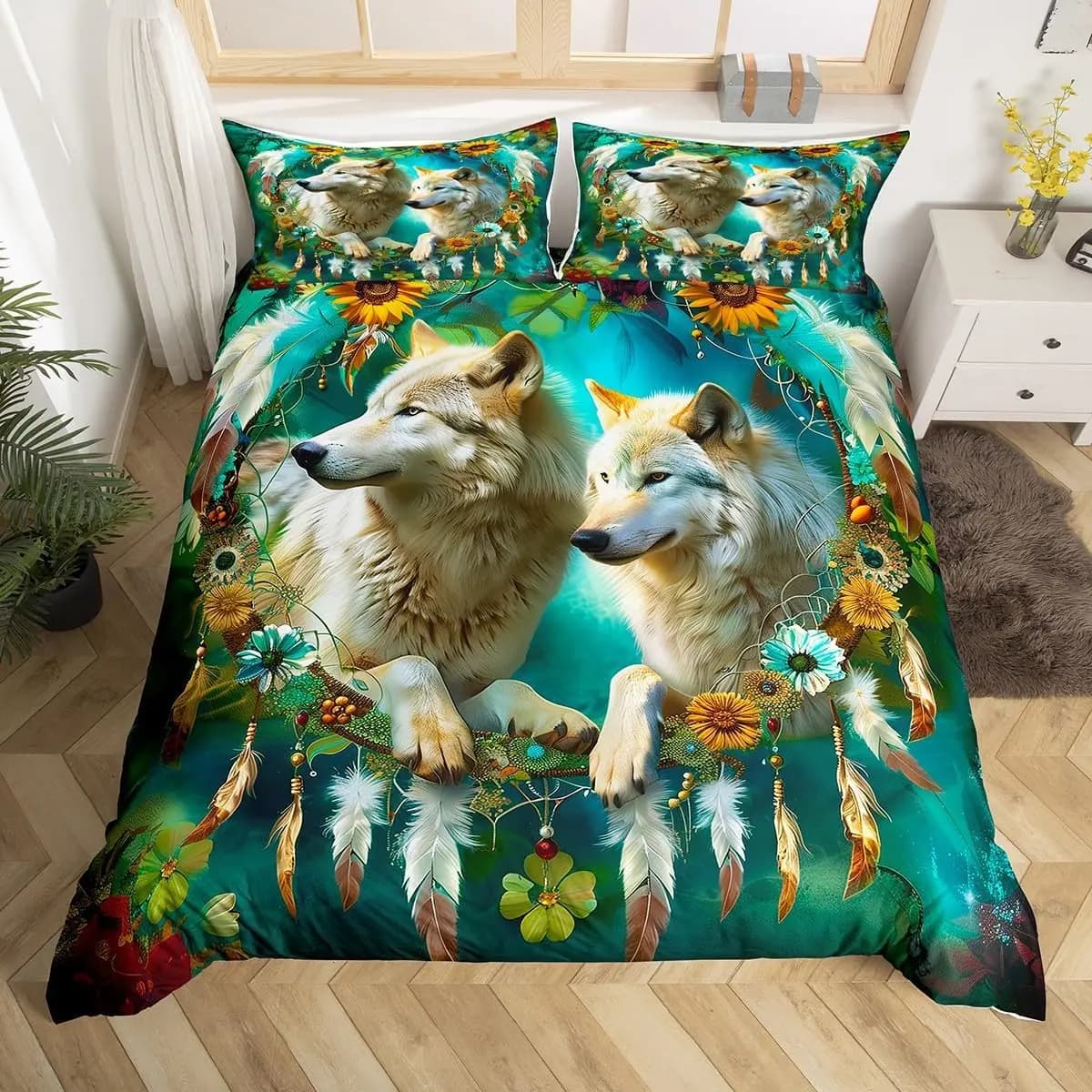 Wolf Duvet Cover Twin Dream Catcher Bedding Set for Kids Boys Girls Wild Adventure Comforter Cover Wild Animals Bedspread Cover