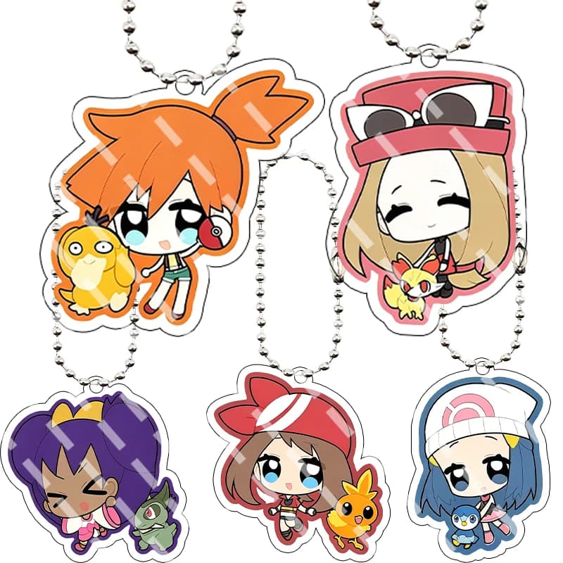 Trainers Pocket Monsters Acrylic Keychain Q Version Misty May Dawn Serena Cartoon Creativity Backpack Keyring Pendant Gifts Toys