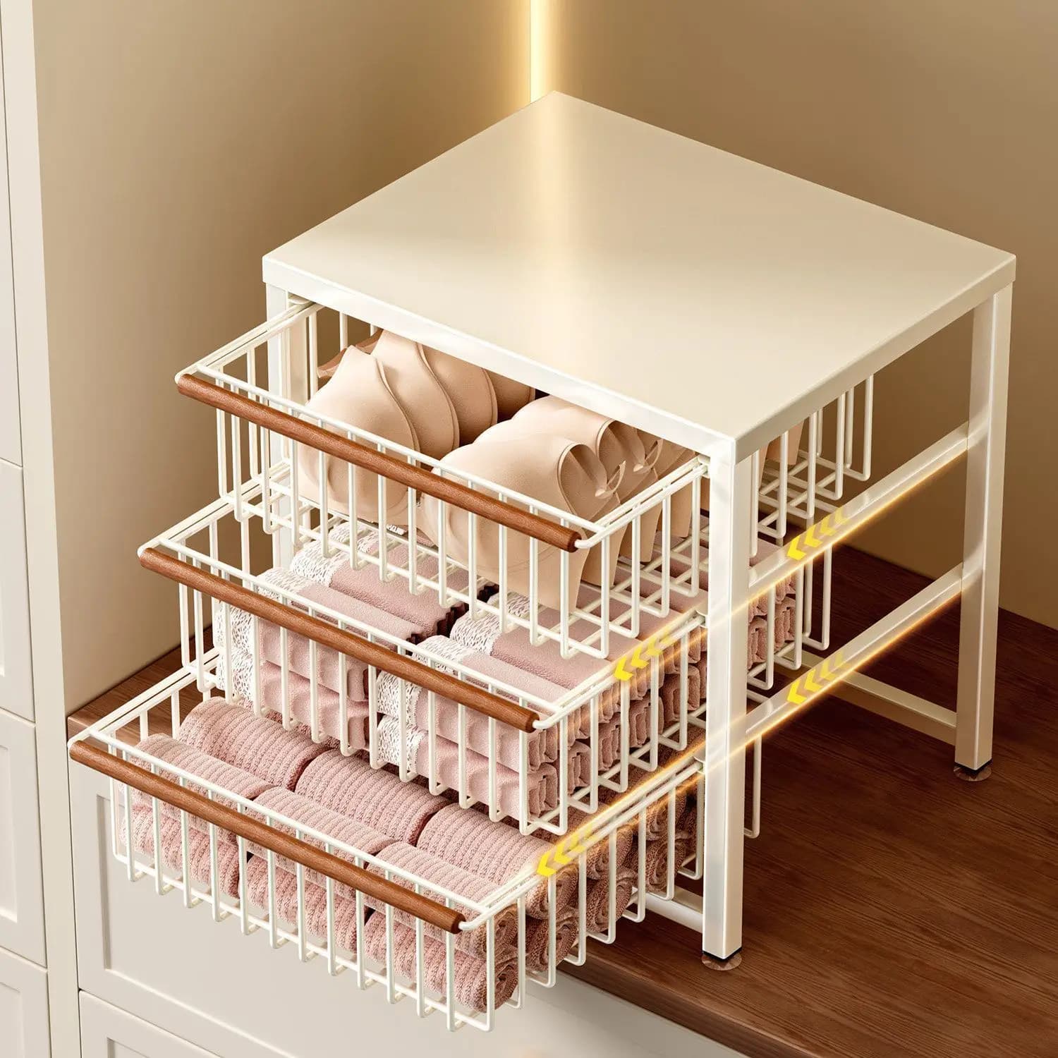 3 Tier Pull Out White Metal Storage Drawers With Wooden Handle Closet Underwear Organizer For Bra Socks Panties