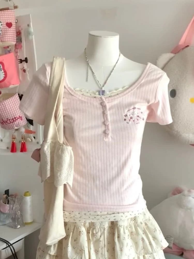 Summer Sweet Fake Two Piece Patchwork Short Sleeve T-Shirts Fashion Pretty Kawaii Cute Pink Print Slim 2-piece Set Women's New
