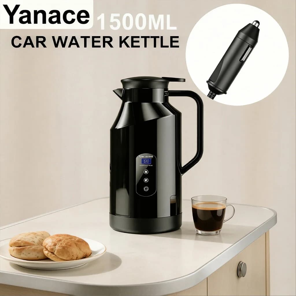 Yanace 1500ML Large Capacity Car Electric Kettle Portable 12V Travel Water Boiler with Temperature Display for Camping RV