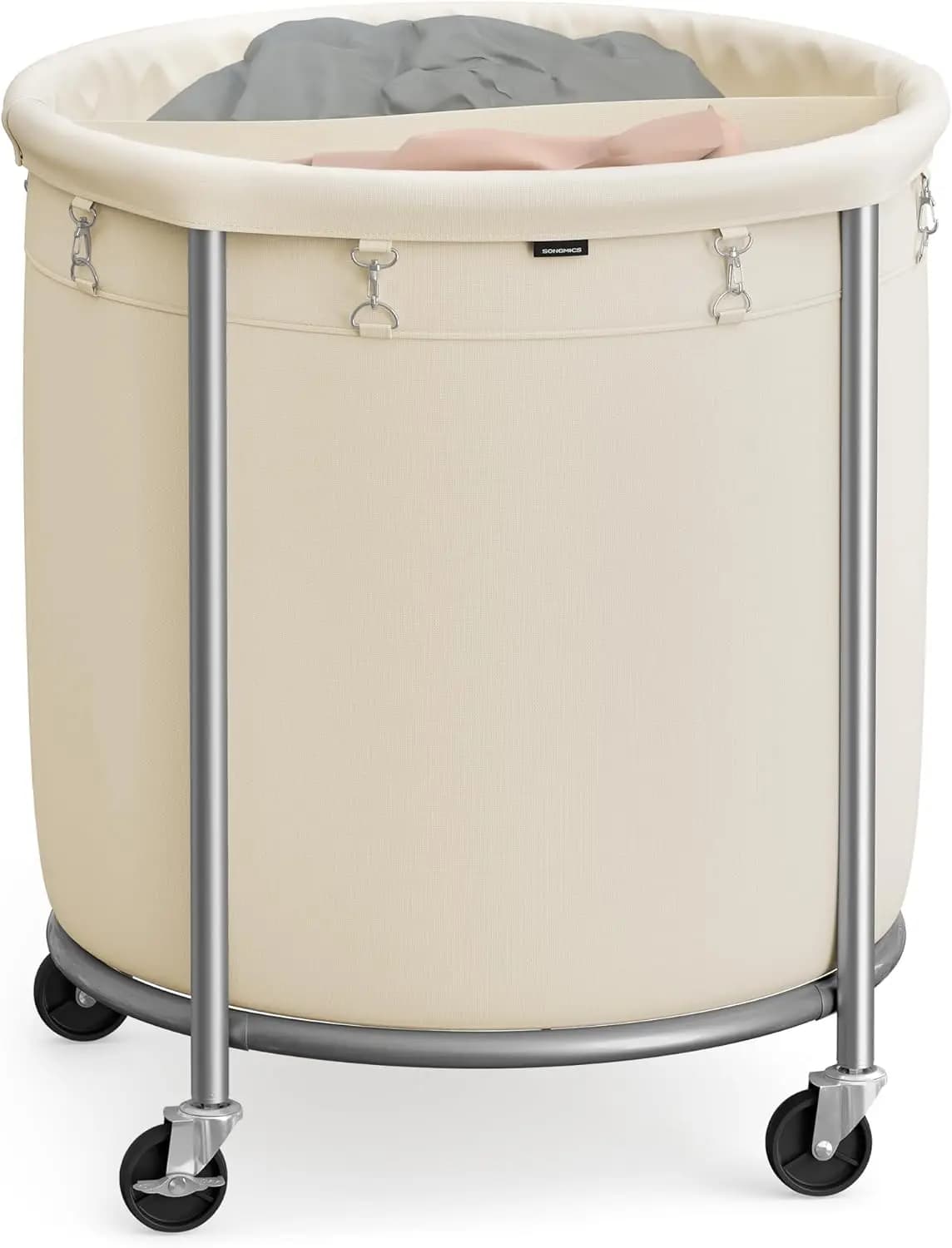 Cesto Portabiancheria da 240L con Ruote, Carrello Portabiancheria Resistente con Telaio in Acciaio e Sacco Rimovibile, Bianco Crema