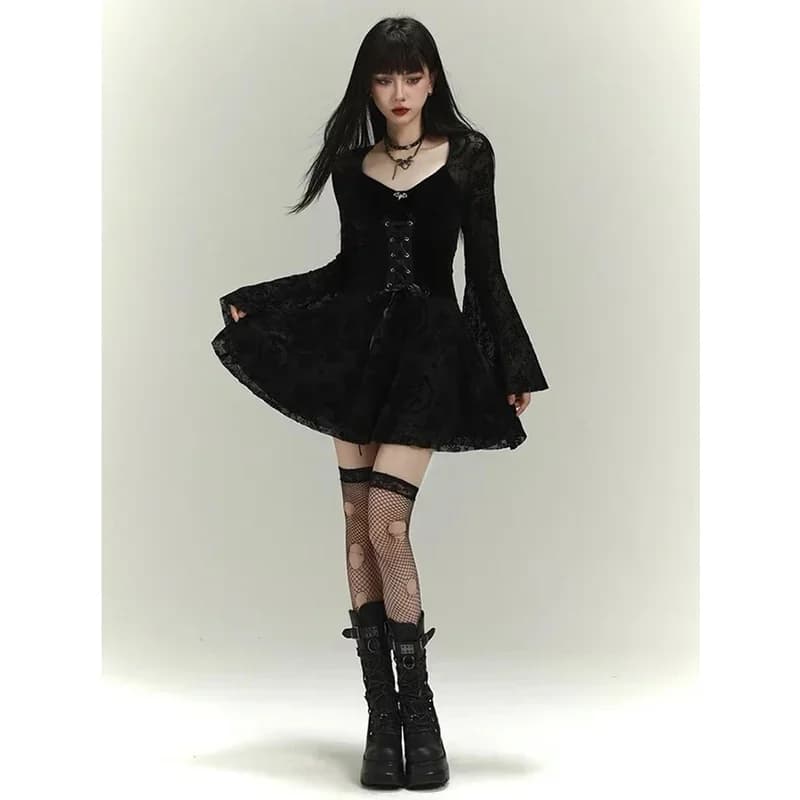 Goth Abiti lunghi a vita alta 2024 Nuovo stile punk vintage Floccato Vestito dalla fasciatura Donna Manica svasata Party Alt Outfit rlu;3