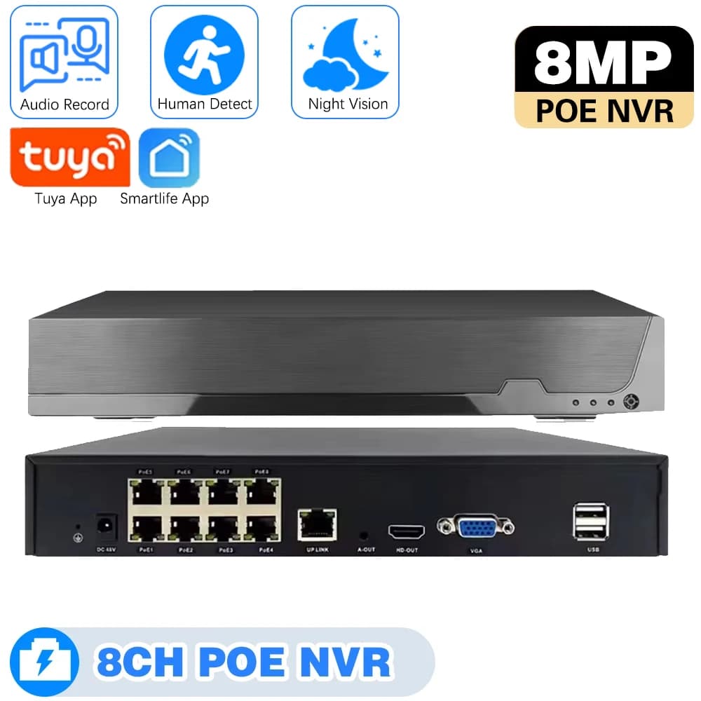 NVR POE 4K 8CH Tuya Smartlife 8MP, Sistema di Sicurezza CCTV con Rilevamento Umano AI, Registratore Audio Video di Rete H.265+
