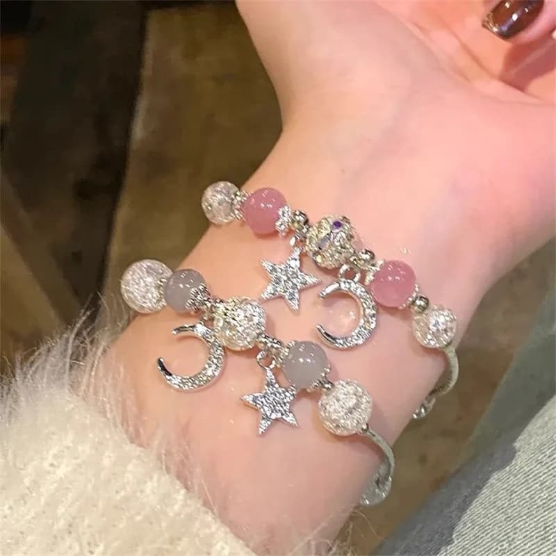 Sweet Zircon Star Moon Tassel Elastic Rope Bracelets for Women Girls Lovely Pink Crystal Beads Bangle Best Friend Jewelry Gifts