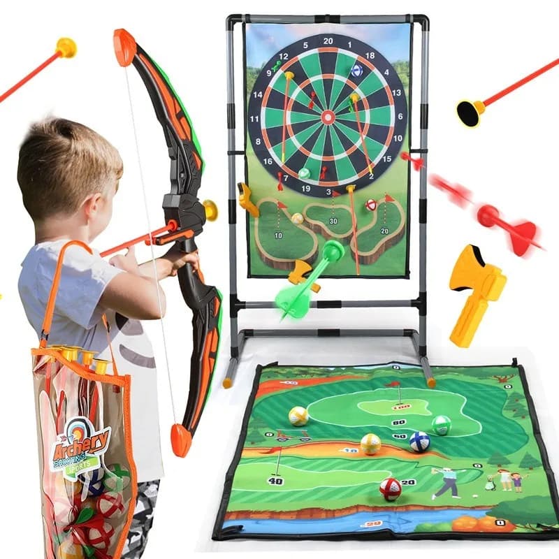 Kids Outdoor Shooting Game Set Bow Arrow Dart Sticky Ball Throwing Toys Kit Double-Sided Game Cloth Golf Set Backyard Sports Toy