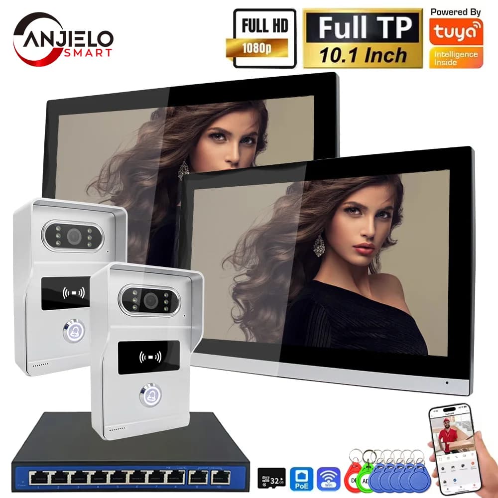 ANJIELO Sistema Videocitofonico IP 1080P Tuya con Schermo Touch da 10 Pollici, Campanello WiFi POE Cablato per Villa e Appartamento, Controllo Accessi RFID