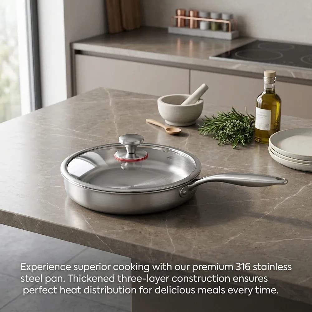 Stainless Steel 20cm Frying Pan with Lid Featuring For Honeycomb Nonstick Tri-Ply Base Compatible with All Stovetops