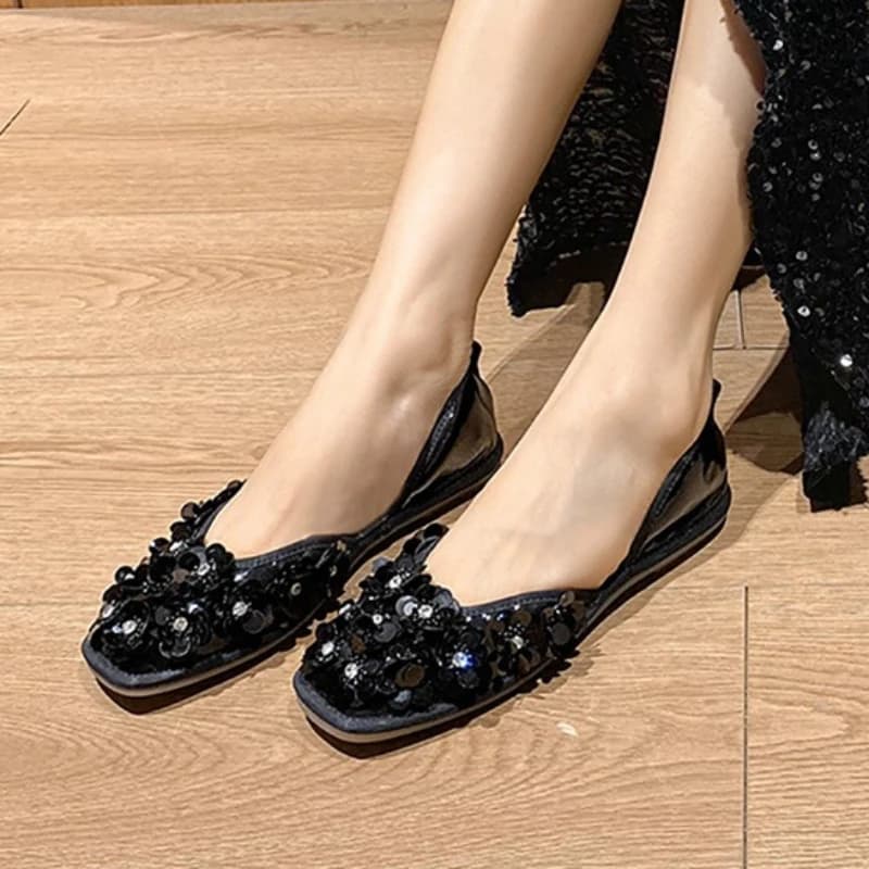 Mocassini decorativi con paillettes a testa quadrata da donna Scarpe basse da esterno con bocca superficiale Scarpe comode da donna con suola morbida alla moda