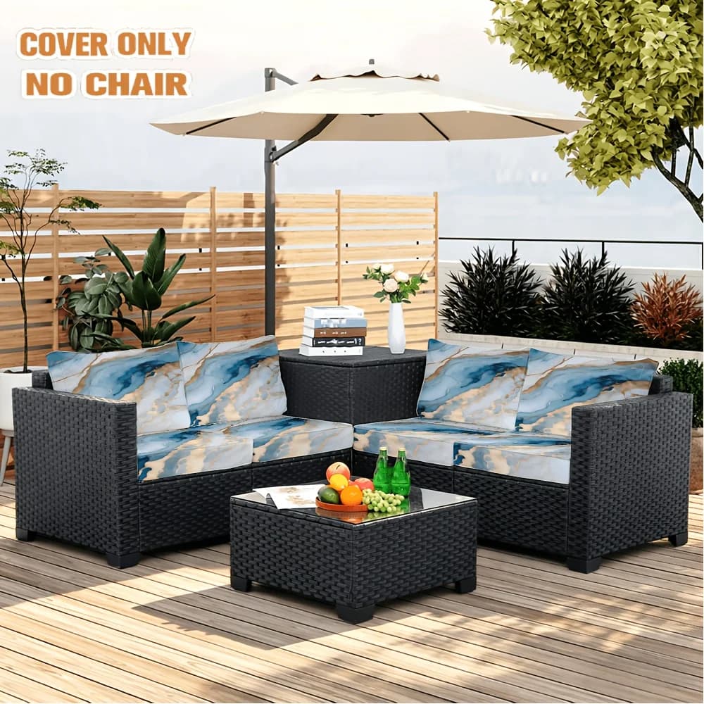 6/8pcs Modern Blue Gold Marble Outdoor Patio Sofa Cushion Cover, Removable Washable Patio Furniture Slipcover